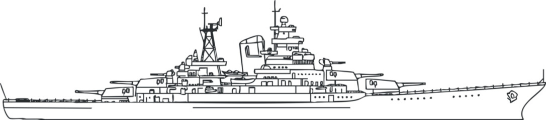 A detailed line drawing of a large military warship showcasing its design and structure.