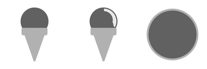 Monochrome ice cream icons, minimal cone silhouette, scoop circle graphic, dessert symbol set, vector illustration, branding elements, isolated