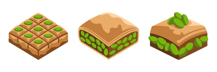 Layered nut pastry squares, honey glaze detail, pistachio crumbs, sweet dessert pieces, confectionery illustration, vector clipart set, bakery