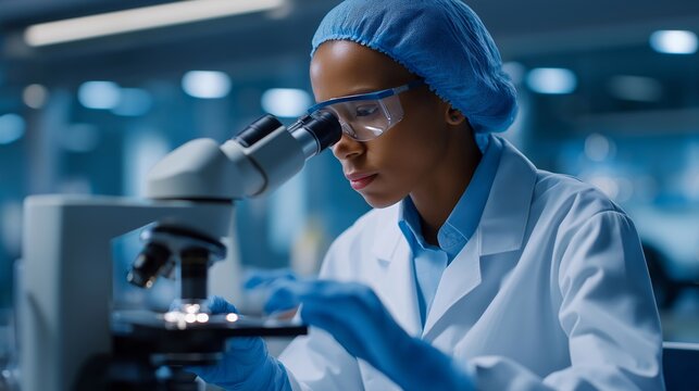 Technician in sterile lab coat observing nanotechnology devices under microscope, symbolizing futuristic innovation, microscopic precision, and pioneering research in advanced laboratories.