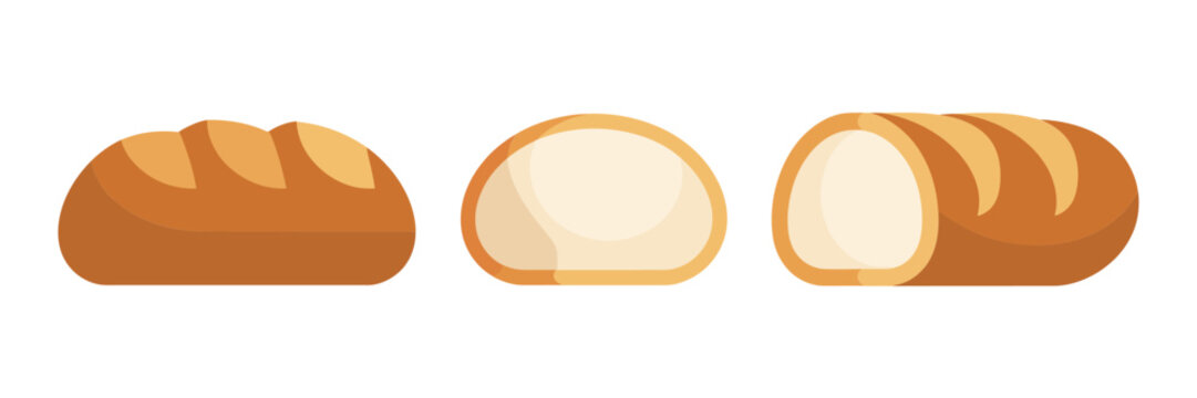 Soft bread loaf set, sliced piece, bakery food illustration, golden crust texture, breakfast staple icons, vector clipart, isolated