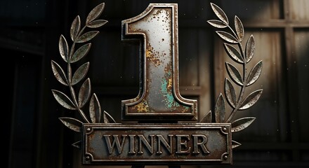 A weathered and distressed metallic number one trophy with a winner plaque and laurel wreath