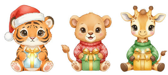Three jungle animals vector set. Joyful Christmas collection of adorable tiger, lion cub, and giraffe, all dressed in festive sweaters and holding wrapped gifts.