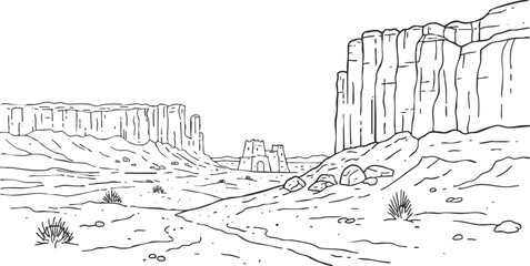 A minimalist black and white illustration of a vast desert landscape with rocky formations.