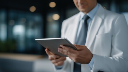 Insurance specialist guiding client through digital claim process on tablet, symbolizing efficiency, customer support, transparency, and technology-enabled service experience. cinematic color