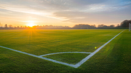 Soccer field at sunrise with goalposts in the distance 