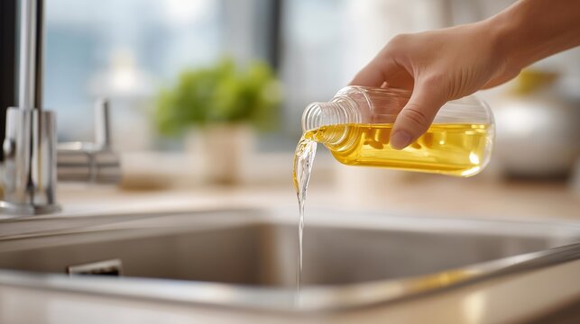 Chemical pipe cleaner being carefully poured into a kitchen sink drain illustrates household maintenance, DIY plumbing solutions, grease and debris removal, clog prevention, and the practical
