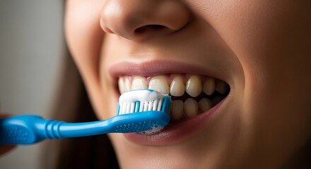 Close up of a woman s mouth brushing her teeth with a blue toothbrush and white toothpaste
