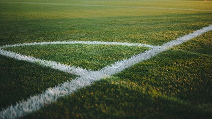 Closeup of white lines on a green soccer field at dawn 
