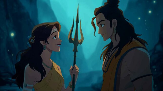 Animated side shot of Parvati touching Shiva&rsquo;s trident. Glowing divine energy radiates from the interaction, creating a mystical, sacred, and cinematic atmosphere.