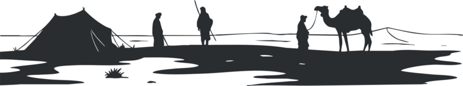 Silhouette of nomads with a camel near a tent in a desert landscape.