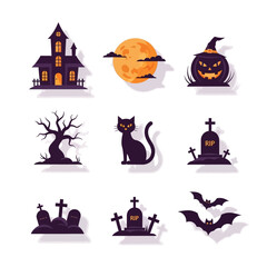 Nine Halloween icons, including a pumpkin, ghost, witch's hat, spiders, skull, lollipop, bat, and candy, are arranged in a grid