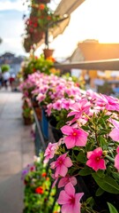 Obraz premium Close-up of pink flowers with blurred background of a street scene