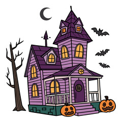 Cartoon haunted house with moon and bats around