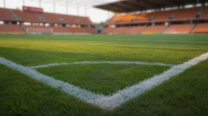 Empty soccer stadium corner with green grass field 
