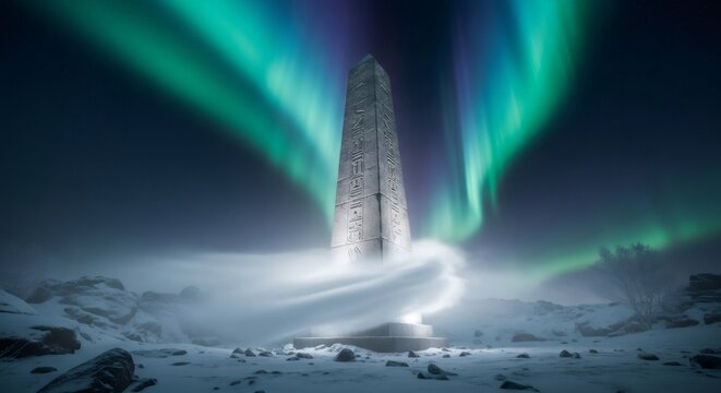 Obelisk radiating light in snow landscape under aurora borealis. Ancient monument with mystical glow for fantasy and science fiction themes.
