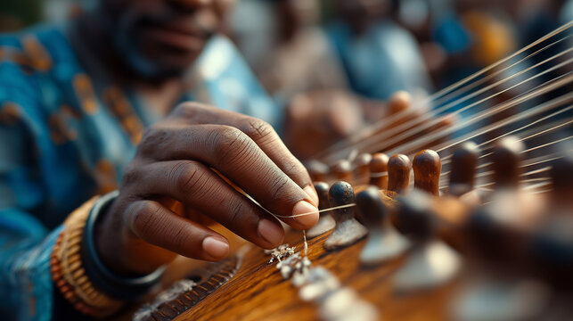Close-up of a kora player&rsquo;s fingers plucking strings, soft bokeh crowd, Africa, music, kora, performance, culture, instrument, tradition, rhythm, with copy space