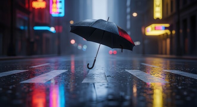 Umbrella floating in a rainy neon city street at night