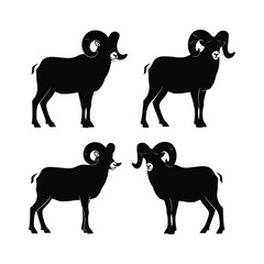 Four silhouette ram designs featuring majestic horns and powerful stances for your projects vector © MosammatSharmin