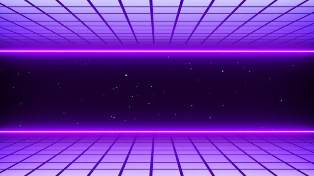3D Synthwave terrain landscape, digital purple glow cyberspace laser neon grid floor perspective with particles, retro poster design, 80s retro arcade game style motion background loop - Powered by Adobe