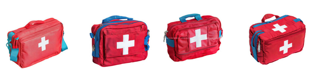 Collection of four red first aid kit pinatas with white cross, isolated on transparent background
