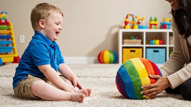 Happy toddler boy playing with therapist or mother in playroom. Child development specialist interacting with young boy using colorful rainbow ball.