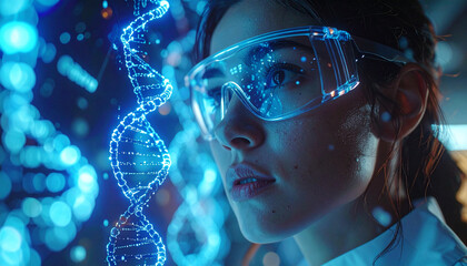 Genetic Revelation: A focused scientist gazes intently at a holographic display of a DNA strand, illuminated by radiant blue light, within a cutting-edge laboratory environment.