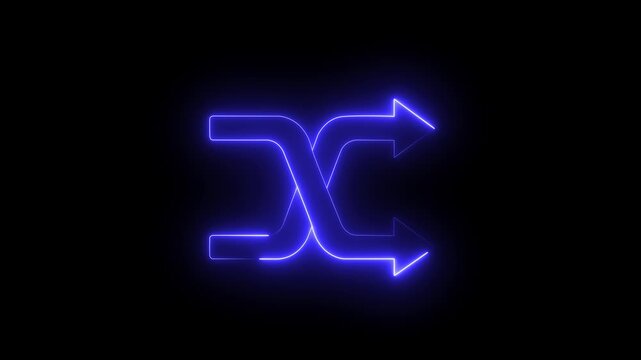abstract glowing neon shuffle icon with arrows on a black background representing music playback or random order. Shuffle playlist button  audio control animation. Shuffle icon symbol template for.