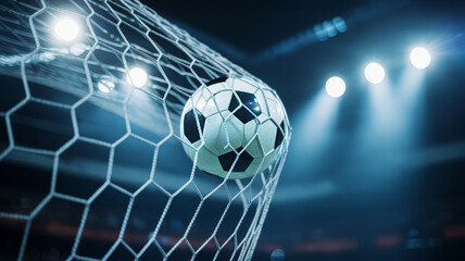 Soccer ball in the net, goal scored during a night match 