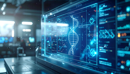 Decoding the Code of Life: An illuminated display showcasing the double helix structure, a symbol of scientific exploration, bathed in cool tones.