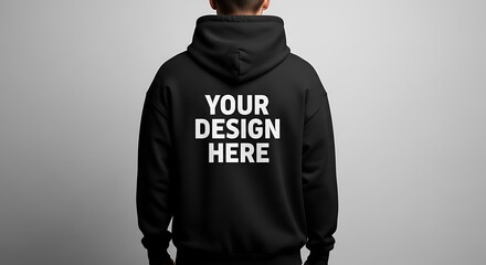 Back view of a person wearing a black hoodie with customizable design space on the back