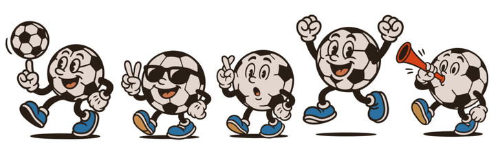 Set of vintage soccer ball mascots in action with happy expressions, for sports and event graphics