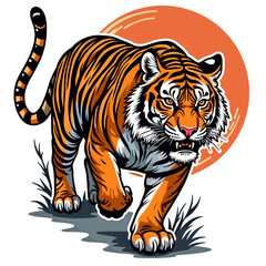 Fototapeta premium Fierce tiger walking through grass with orange background concept of t-shirt print 