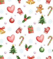 seamless pattern with set of christmas decorative elements, watercolor style, white background, graphic design illustration wallpaper 