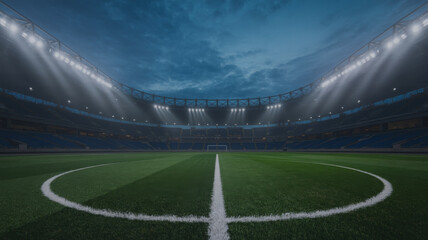 Empty soccer stadium at night with bright lights 