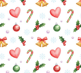 seamless pattern with set of christmas elements, watercolor style, white background, graphic design illustration wallpaper 