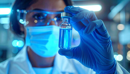 Unveiling a medical vial: A healthcare professional, with meticulous precision, presents a vial, symbolizing innovation, within a state-of-the-art laboratory environment.