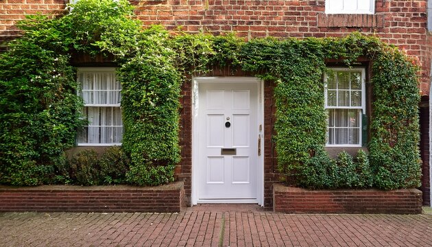 charming brick building facade with lush greenery and a bright white door