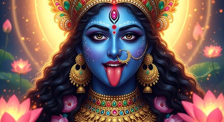 Vibrant divine goddess kali with blue skin and extended tongue surrounded by lotuses