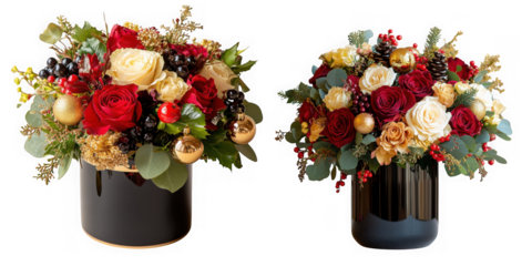 Two festive holiday floral arrangements with red and cream roses, pinecones, and ornaments isolated on transparent background