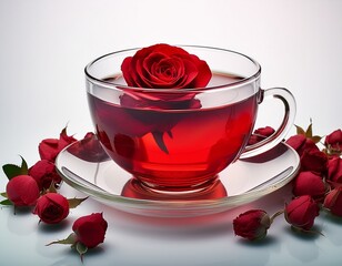 transparent glass cup of red herbal tea with a rose inside placed on a glass saucer surrounded by red rosebuds on a white background