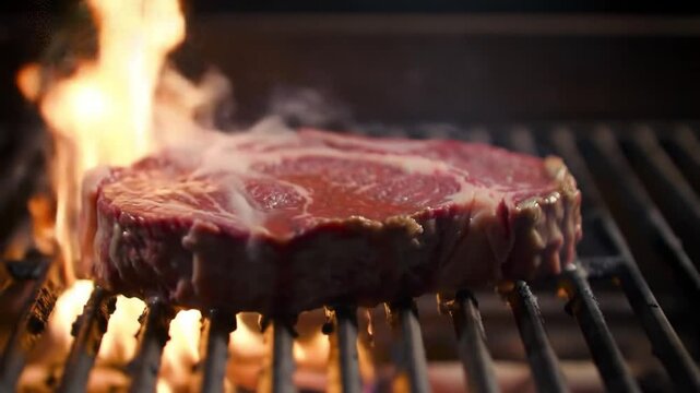 A steak sizzles on a grill engulfed by flames and smoke