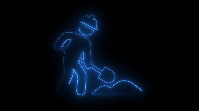 Blue Neon Construction Worker with Shovel icon, Futuristic Light Labor and Industrial Symbol, on a black background.