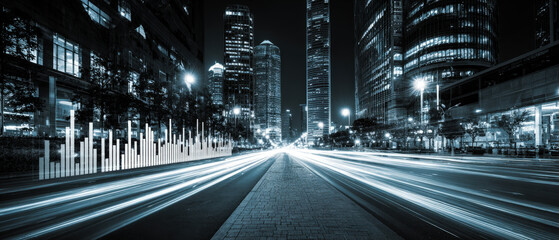 Financial district at night with light trails and translucent data charts in cyan tones