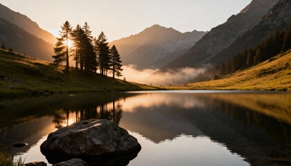 Sunrise over mountain lake with pine trees