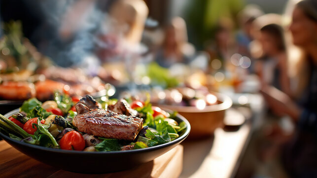 Family braai in a backyard, grill smoke curling, laughter and salad bowls, Africa, braai, barbecue, family, food, gathering, lifestyle, summer, with copy space