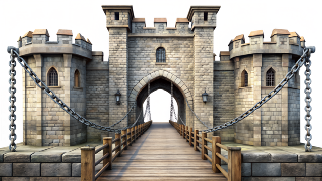 Medieval castle gate with drawbridge isolated on transparent background, a symbol of strength and history