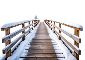 Wooden bridge covered in snow isolated on transparent background, leading to a distant fir tree