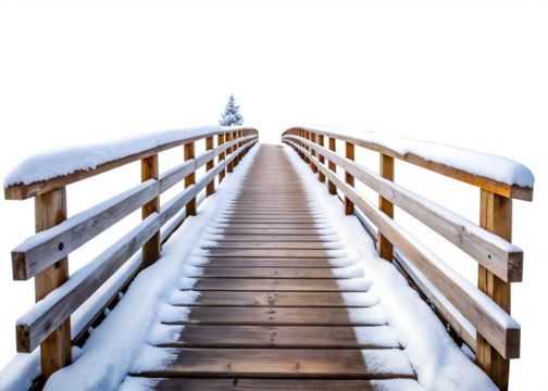Wooden bridge covered in snow isolated on transparent background, leading to a distant fir tree - Powered by Adobe