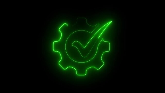 Green Neon Gear Neon Gear with Check Mark icon animation, on a black background.